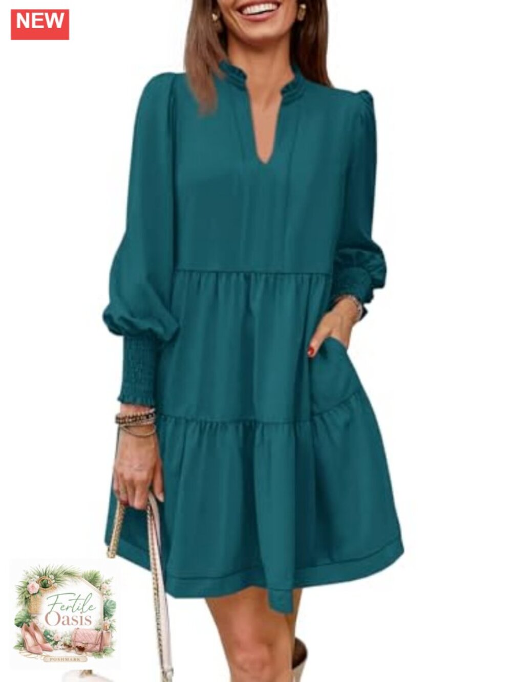 Women's Long Sleeve Tiered V-Neck Tunic Dress Loose Swing A-Line Polyester